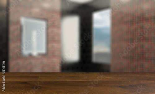 Clean and fresh bathroom with natural light. 3D rendering.. Mock. Background with empty wooden table. Flooring.