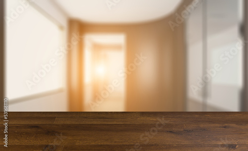 Open space office interior with like conference room. Mockup. 3D. Background with empty wooden table. Flooring.