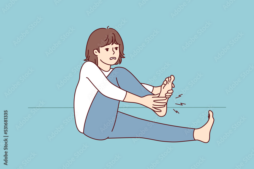 Unhealthy woman suffer from cramp in leg. Unwell female struggle with pain in sole. Healthcare and medicine. Vector illustration. - obrazy, fototapety, plakaty 