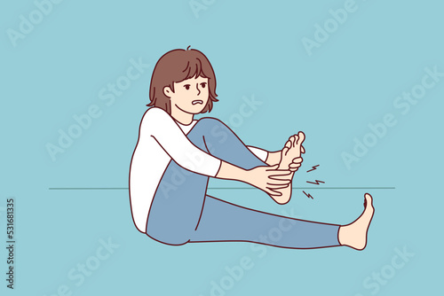 Unhealthy woman suffer from cramp in leg. Unwell female struggle with pain in sole. Healthcare and medicine. Vector illustration.