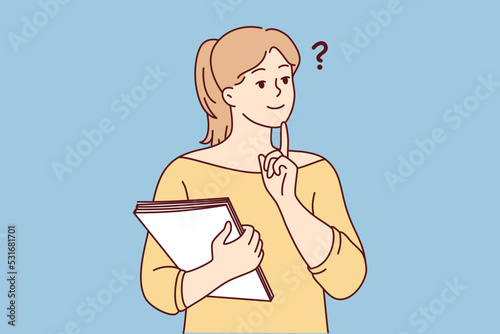 Pensive young woman with documents make decision or plan. Thoughtful girl thinking and brainstorming. Vector illustration. 