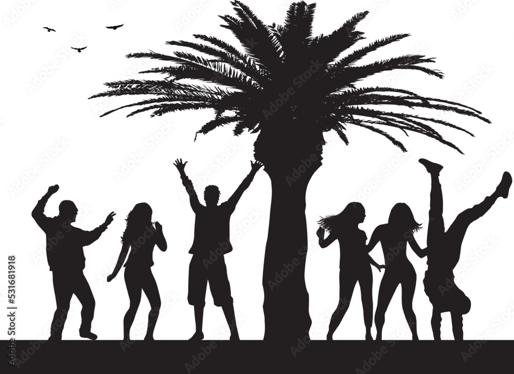 Fototapeta premium Silhouettes of people dancing in a tropical landscape
