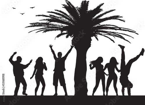 Silhouettes of people dancing in a tropical landscape
