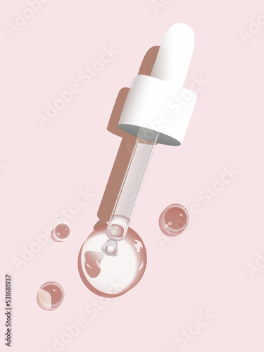 Pipette model for a dropper bottle with drops. Vector illustration. Foreground. Can be used for cosmetic, medical and other needs. EPS10.