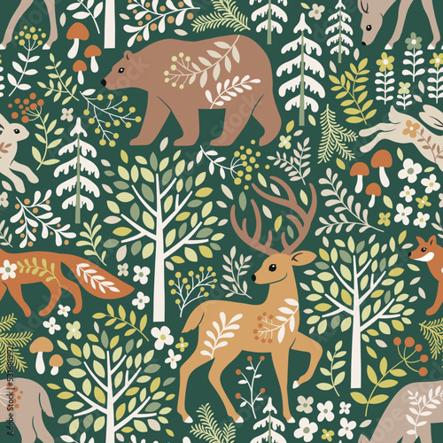 Seamless vector pattern with cute woodland animals, trees and leaves. Scandinavian woodland illustration. Perfect for textile, wallpaper or print design.