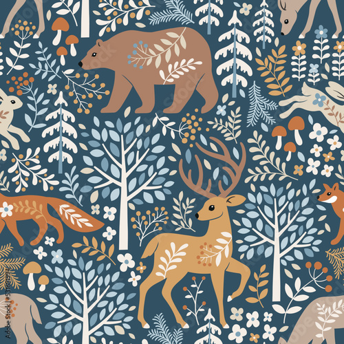 Seamless vector pattern with cute woodland animals, trees and leaves. Scandinavian woodland illustration. Perfect for textile, wallpaper or print design.