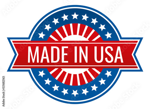 Made in usa label. Round quality tag with red ribbon