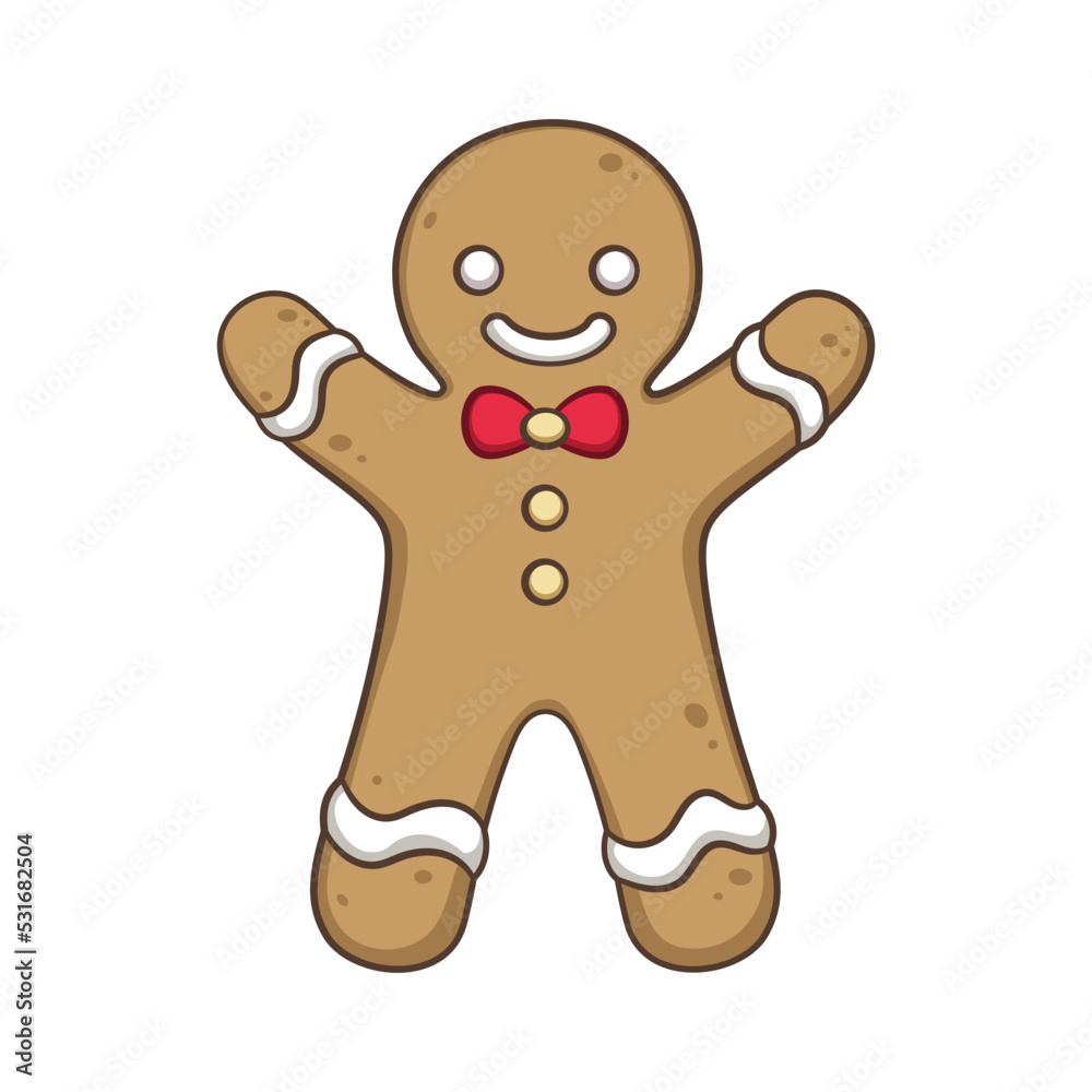 Obraz premium Cute gingerbread man with a bow tie cartoon illustration. Winter Christmas theme clip art.