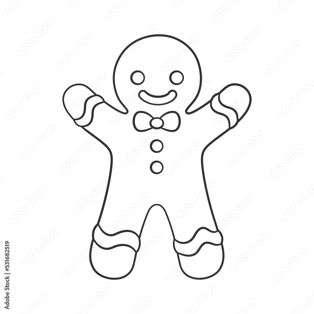 Cute gingerbread man with a bow tie. Winter Christmas theme coloring book page activity for kids. Cute gingerbread man with a bow tie. Winter Christmas theme coloring book page activity for kids.