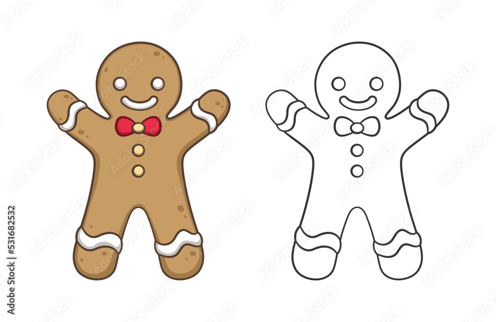 Fototapeta premium Cute gingerbread man with a bow tie outline and colored doodle cartoon illustration set. Winter Christmas theme coloring book page activity for kids and adults.