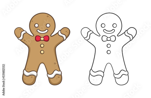Cute gingerbread man with a bow tie outline and colored doodle cartoon illustration set. Winter Christmas theme coloring book page activity for kids and adults.