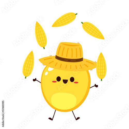 Corn kernel character design. Cute vegetable vector character isolated on white. Corn mascot. Farmer hat. Peasant hat vector.