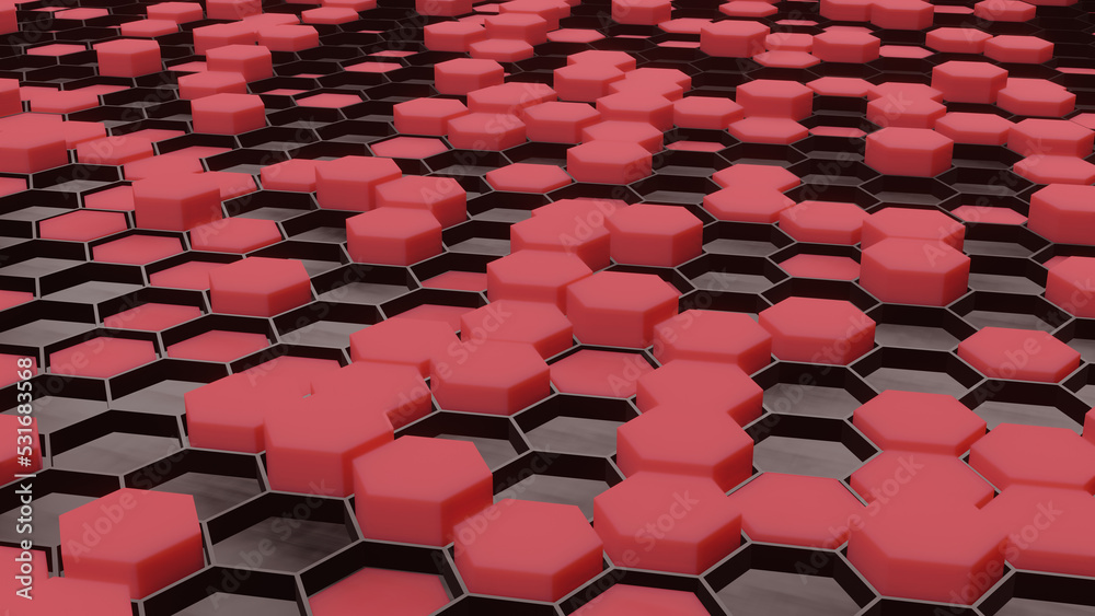 Obraz premium Random set of diffuse red hexagonal rod on black honeycomb (3D Rendering)