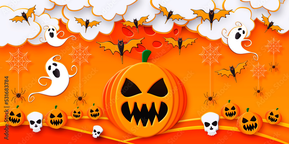 Happy Halloween. Jack 'O Lantern, bats, ghosts, spiders and skulls in spooky night with full moon 3D illustration