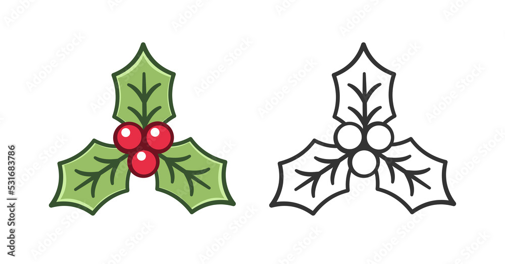 Holly berry with leaves. Ilex berries on sprig mistletoe outline and colored doodle cartoon illustration set. Winter Christmas theme coloring book page activity for kids and adults. Holly berry with leaves. Ilex berries on sprig mistletoe outline and colored doodle cartoon illustration set. Winter Christmas theme coloring book page activity for kids and adults.