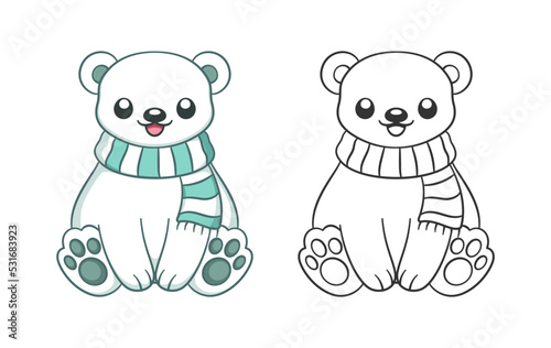 Cute chibi snow polar bear wearing a scarf outline and colored doodle cartoon illustration set. Winter Christmas theme coloring book page activity for kids and adults.