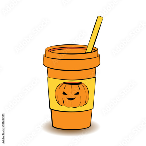 Pumpkin spice hot latte in pumpkin shaped cup with a straw.