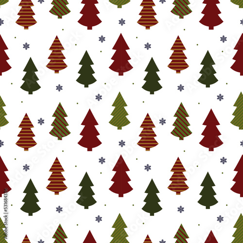 Vector winter seamless pattern. Illustration of new year trees and snowflakes. Merry Christmas and happy New Year. Christmas background. Winter wrapping. © Olha