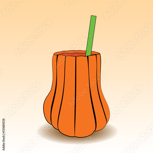 Pumpkin spice hot latte in pumpkin shaped cup with a straw.