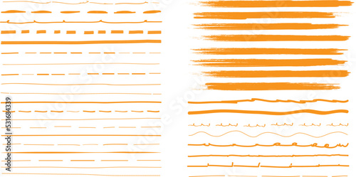 Orange brush stroke set isolated on background. Collection of trendy brush stroke vector for orange ink paint, grunge backdrop, dirt banner, watercolor design and dirty texture. Brush stroke vector