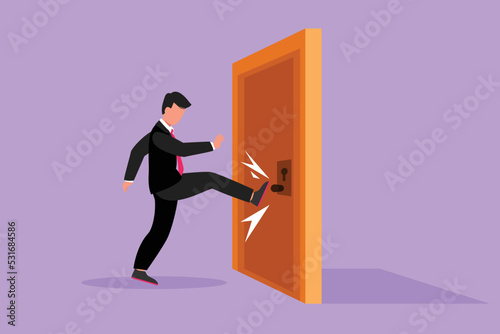 Cartoon flat style drawing of young businessman kicks door closed with his leg. Aggressive business approach. Business struggles for success in market competition. Graphic design vector illustration