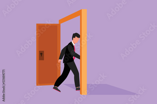 Graphic flat design drawing of young businessman enters the room through the door. Male manager walking to opened door. Starting new day at office. Business metaphor. Cartoon style vector illustration