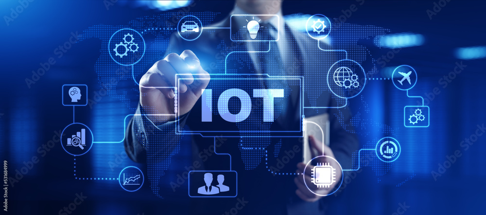 IOT internet of things innovation technology concept. Businessman pressing button on screen. IOT internet of things innovation technology concept. Businessman pressing button on screen.