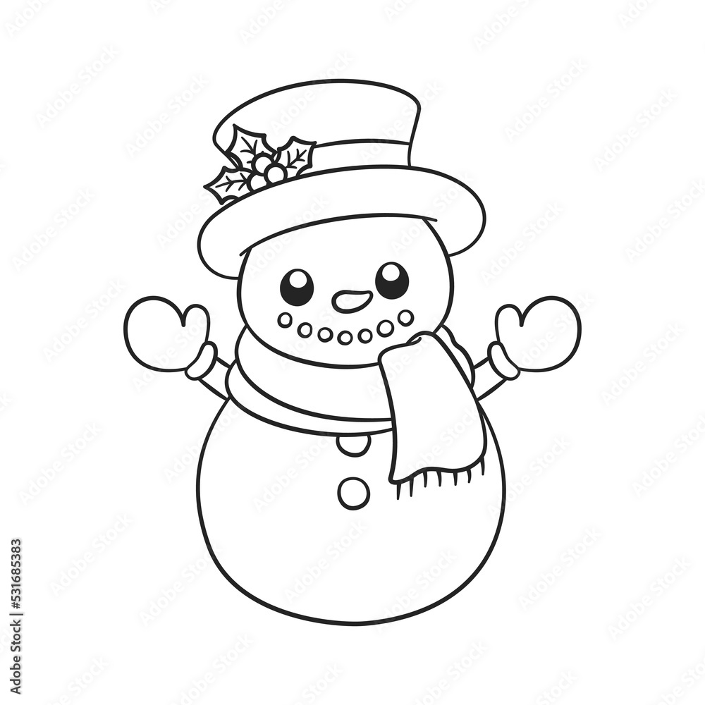 Cute snow man wearing a top hat with mistletoe and scarf outline doodle