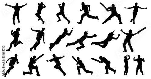 Set of cricket players batting bowling fielding catching ball celebrating after victory silhouettes Vector Illustration © MdJannatul