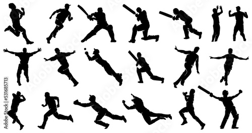 Set of cricket players batting bowling fielding catching ball celebrating after victory silhouettes Vector Illustration