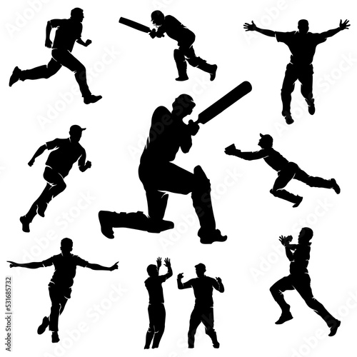 Set of cricket players batting bowling fielding catching ball celebrating after victory silhouettes Vector Illustration
