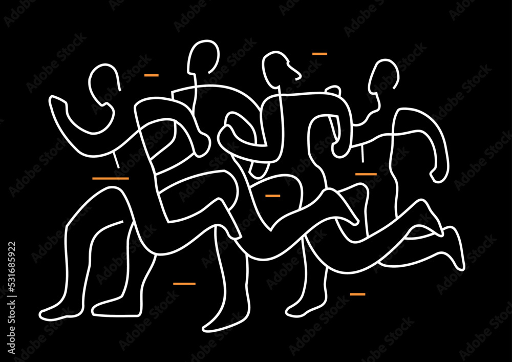 Running race, line art stylized.
Illustration of group of running racers. Continuous line drawing design.Isolated on black background. Vector available.
Running race, line art stylized.
Illustration of group of running racers. Continuous line drawing design.Isolated on black background. Vector available.