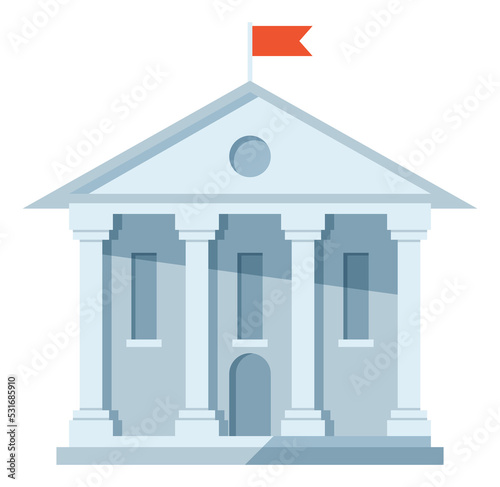 White building with columns and red flag. City public house