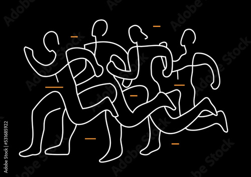 Running race, line art stylized. Illustration of group of running racers. Continuous line drawing design.Isolated on black background. Vector available. 