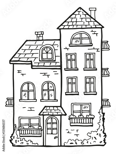 Cute house facade with tiled roof and chimney doodle
