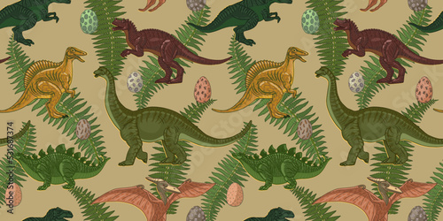 Seamless pattern. Horizontal banner. Dinosaurs with eggs and leaves. Vintage retro style in brown and green tones. Illustration vector. For banner and packaging. photo