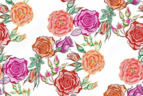 Seamless pattern. Roses on a white background. Floral floral design. Pink watercolor ornament. Cute summer wallpaper.
