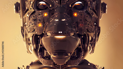 Concept of the future, artificial intelligence, people merging with cyborgs or computers. Digital illustration