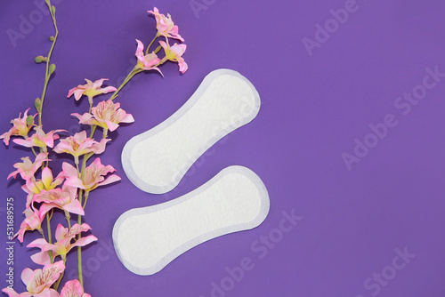 women's white hygienic daily pads for physiological secretions and pink flowers on a purple background photo