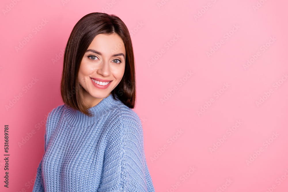 Leinwandbild Motiv - deagreez : Closeup portrait of young smiling happy cute girl looking directly you recommend new dentistry isolated on pink color background