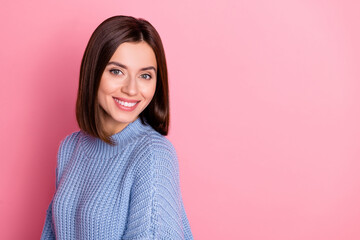 Closeup portrait of young smiling happy cute girl looking directly you recommend new dentistry isolated on pink color background