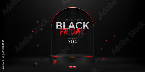 Black friday sale with 3d realistic cylinder pedestal podium, sparkles and 3d glossy balls