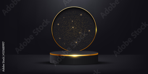 Luxurious 3d studio space with black and gold circle pedestal podium and glitter