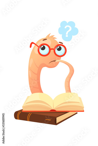 Smart bookworm. Cartoon book worm in glasses read with question, png