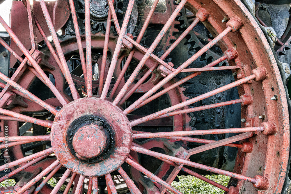 Old, metal, tractor wheel.