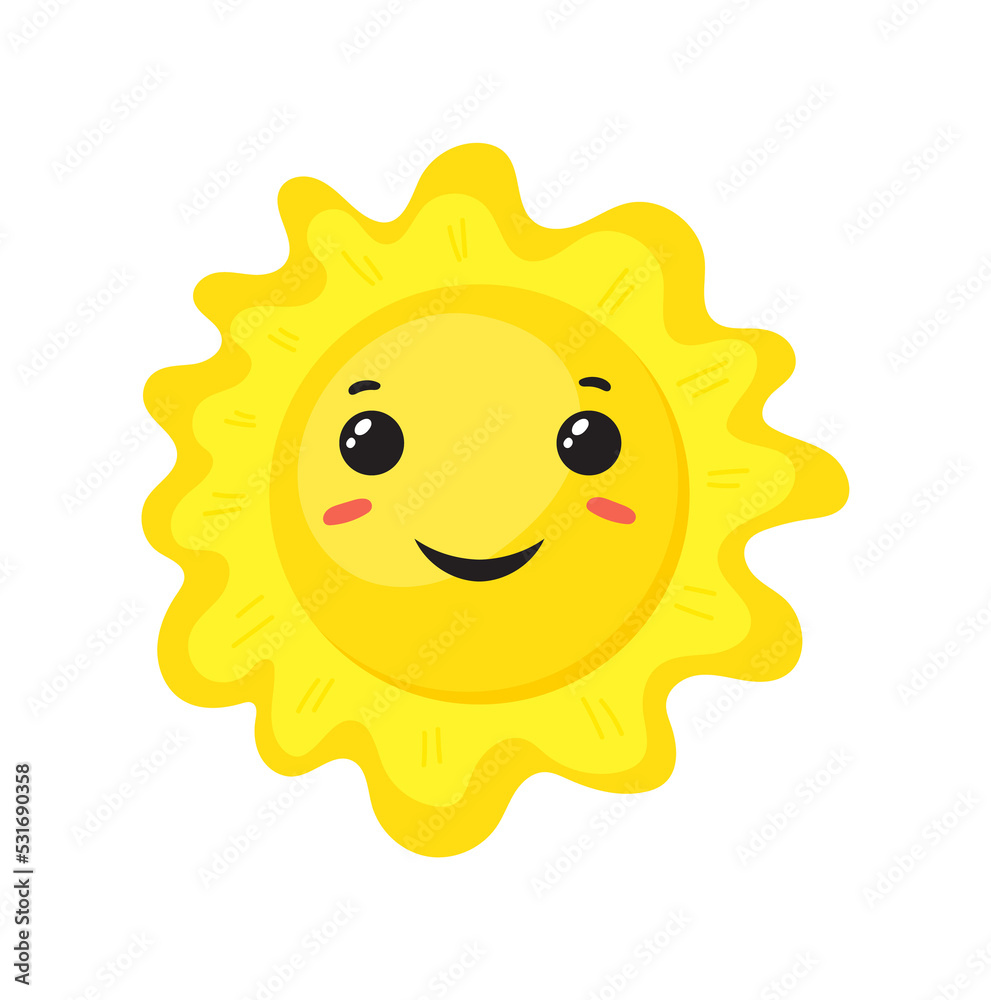 Sunshine emoji. Smiley kid character, flat icon png design