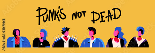 A set of portraits of punks with Mohawks. Lettering Punks not dead. Rocker musicians with hairstyles