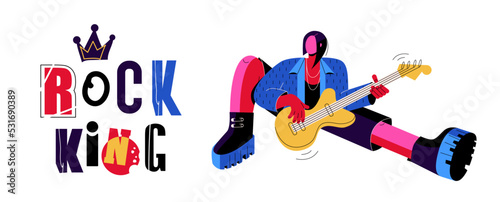 Musicians rocker plays guitar. Lettering is the King of rock. Punk in big boots on a white background