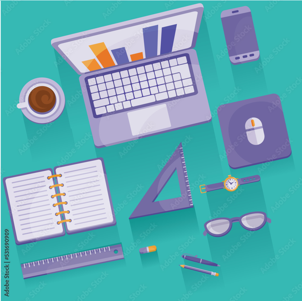 laptop, coffee, and various office supplies lie on the same turquoise table, flat, isolated object, vector illustration, set, laptop, coffee, and various office supplies lie on the same turquoise table, flat, isolated object, vector illustration, set,