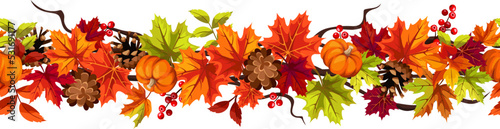 Seamless border with red, orange, brown, and green autumn leaves, pumpkins, and cones. Vector illustration
